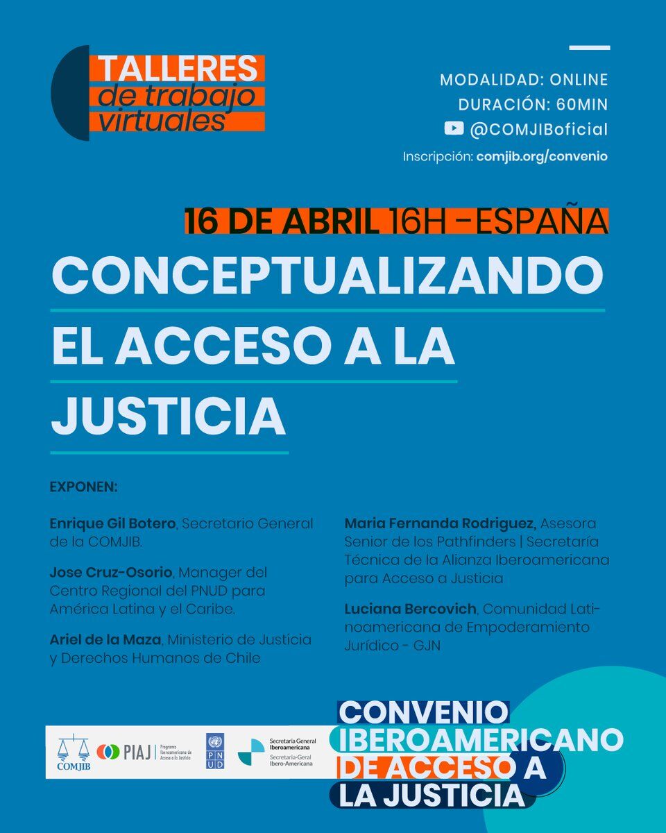 💻 Join the 1st workshop on the Ibero-American Convention on Access to Justice (CIAJ)! 

💡 Discover how it ensures #JusticeForAll in Ibero-American states, covering #tech, inclusion, &amp; #GenderEquality.

🗓️ April 16
🕙 10 a.m. 
🎟️👉  forms.office.com/e/0G36zjNPay?o…

#SDG16Plus