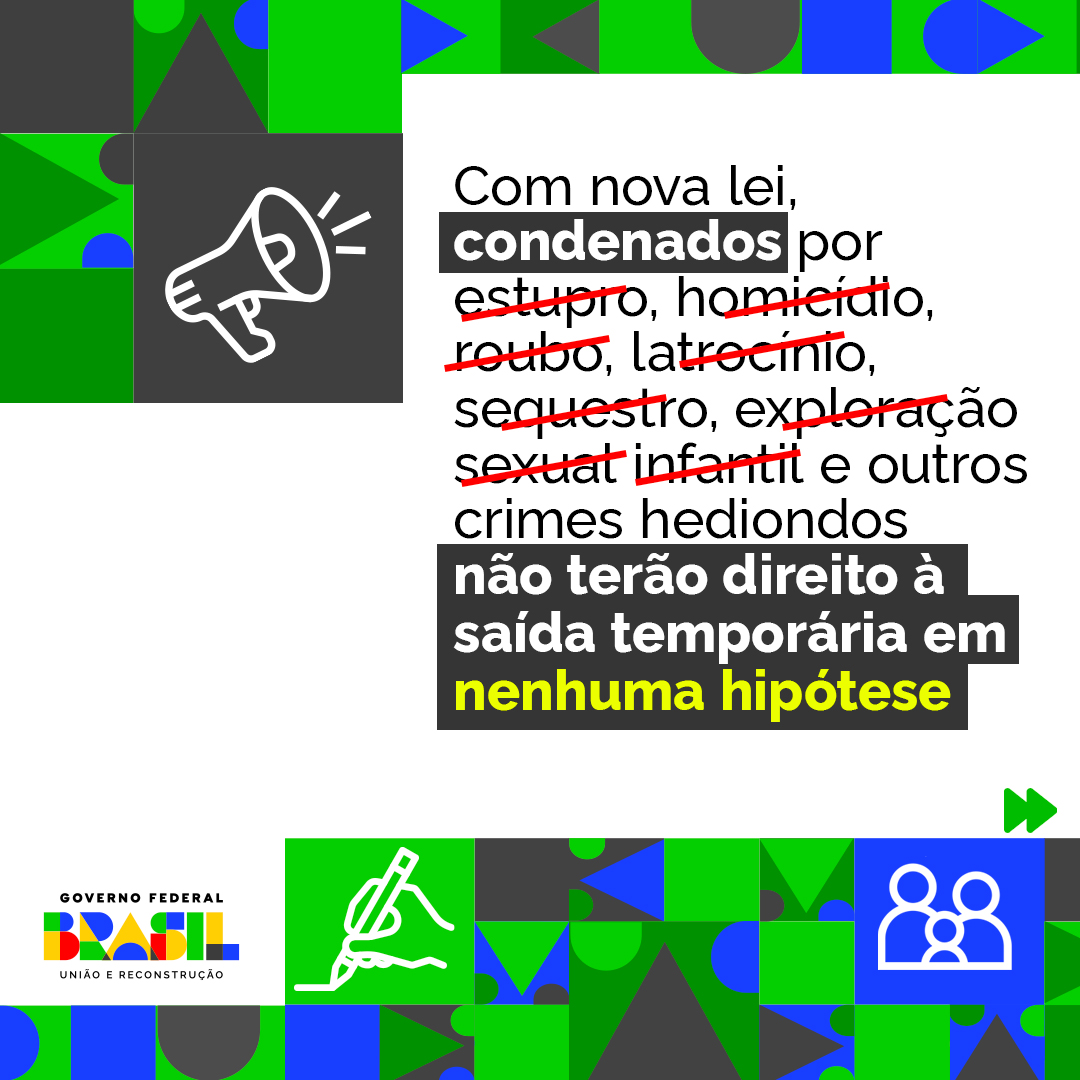 Nova Lei endureceu as regras para saída temporária. A partir de agora, condenados por crimes hediondos, com violência ou grave ameaça não terão direito à saída temporária em nenhuma hipótese. Entenda o que mudou (+)