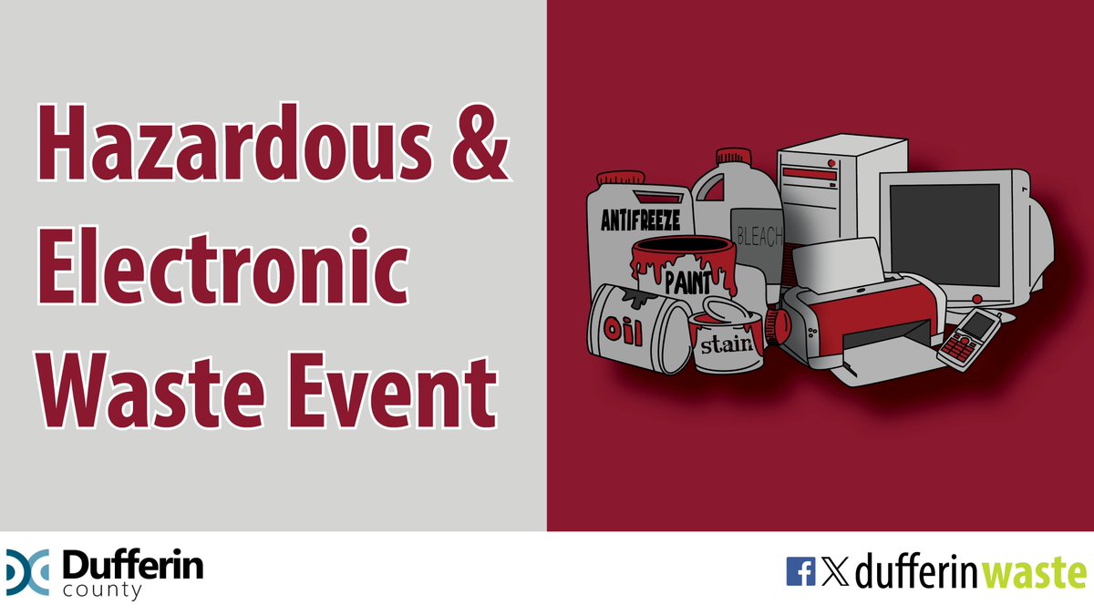 Attend the Household Hazardous & Electronic Waste event THIS Saturday! When: Saturday, April 20, 2024 Where: 60 Main St. N, Grand Valley Time: 8am – 3pm! For a full list of acceptable material and limitations and for a list of additional events, visit dufferincounty.ca/waste.