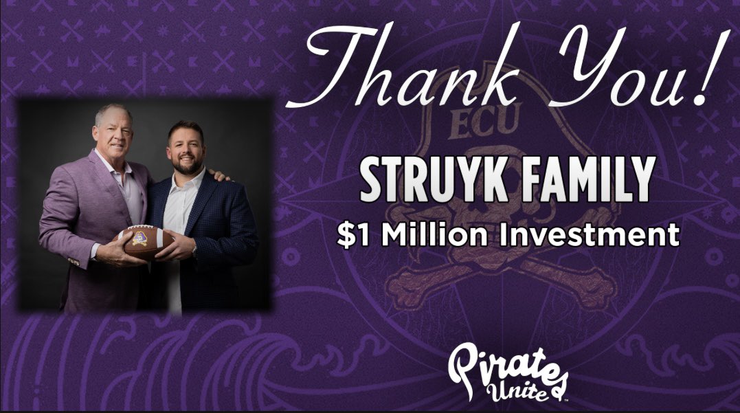 Thank you to the Struyk Family for their transformative $1 million investment to the Pirates Unite Campaign for Comprehensive Excellence. Curtis & his son, C.J. were members of @ECUPiratesFB and their contribution will be directed towards the Isley Indoor Performance Center.