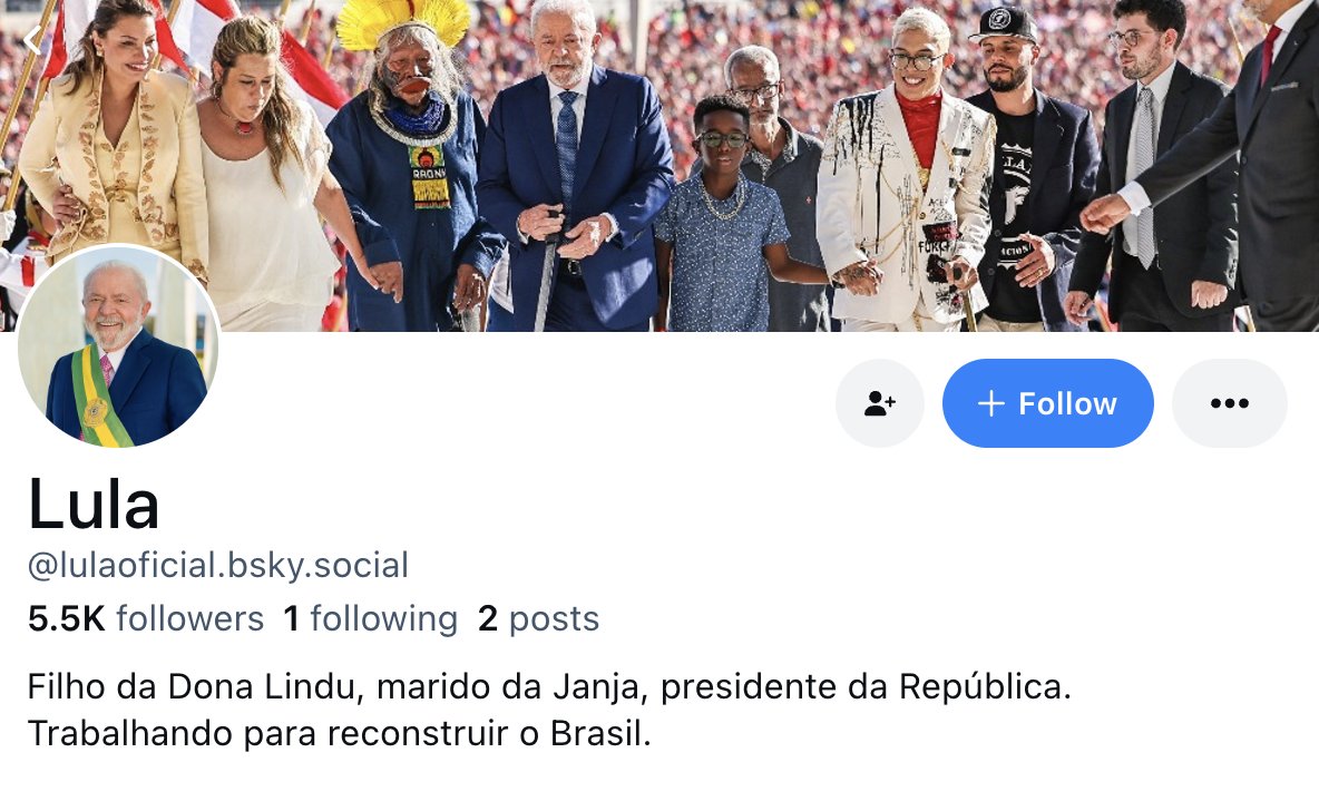 President <a href="/LulaOficial/">Lula</a> of Brazil has just joined Bluesky. Bem-vindo! 🇧🇷

Sign up for Bluesky (no invite code required): bsky.app