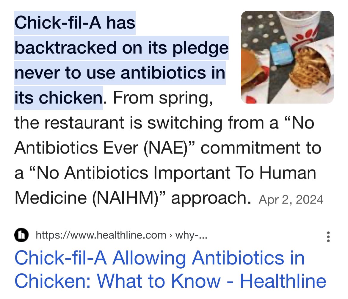 I’ll be permanently boycotting Chik-fil-A (@ChickfilA) for adding antibiotics to their chickens after years of pledging not to. Gross. Pass.