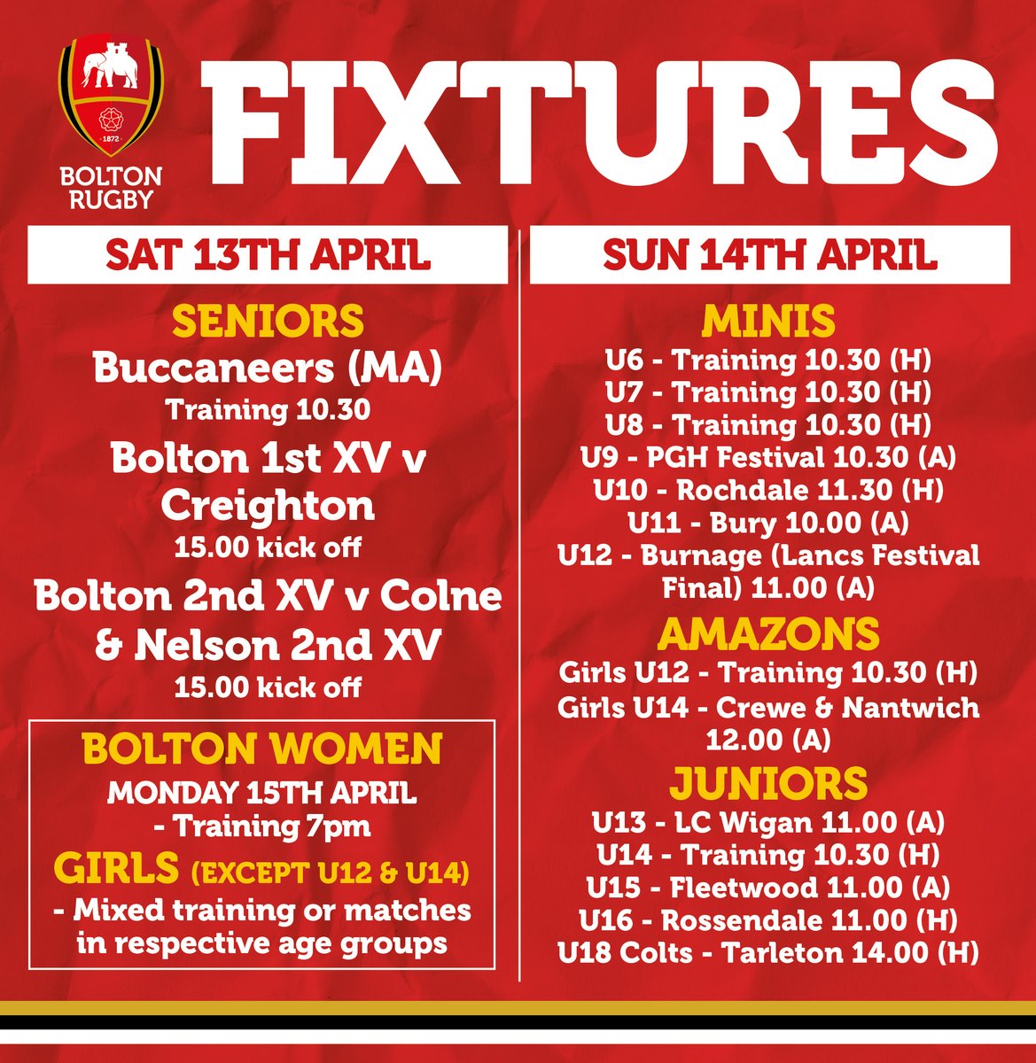 All your Club fixtures for the weekend are here.
We have two home fixtures for our senior teams on Saturday and our mixed ability team @BuccaneersMA are training in the morning at 10.30am.
Good luck everyone!

#boltonrugbyclub #boltonrufc #womensrugby #girlsrugby #MARugby