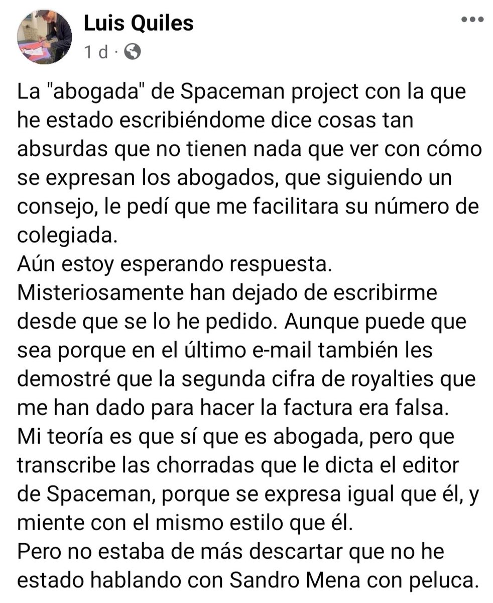 El dinero de las ventas de mis libros sigue en la cuenta del banco del Sandro Mena, el editor de Spaceman project. Y su abogada sigue sin contestar.