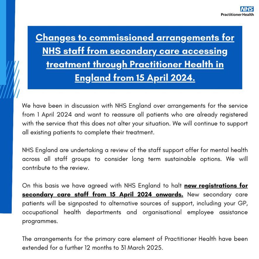 We are naturally devastated to have to share this news, but will work with NHSE to support their review and hopefully find a sustainable solution for the future. All our @NHSPracHealth team are committed to supporting our current patients and ensuring a pathway for future ones