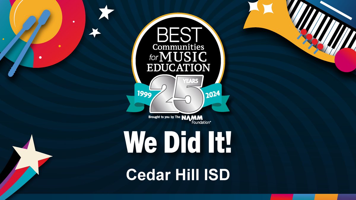 Congratulations to the diligent music scholars and dedicated teachers in <a href="/cedarhillisd/">Cedar Hill ISD</a>! It's with great pride that we announce our receipt of the Best Communities for Music Education Award for the third consecutive year. <a href="/geraldhudson/">Dr. Gerald B. Hudson</a> @millwill77 <a href="/tierneyoffair/">TierneyOffAir</a>