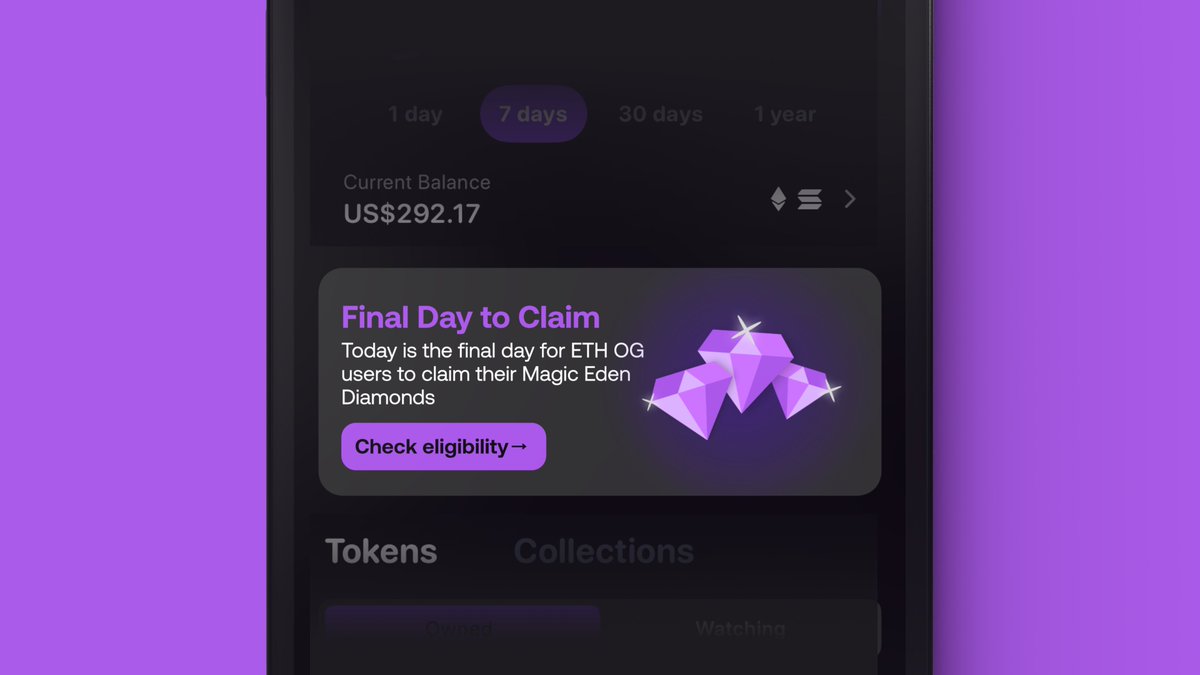Looking for an easier way to stay on top of all the things your wallet can do for you? Watch this space 👀 Our portfolio discovery is evolving to include curated, wallet-based opportunities 👇 Like today's reminder to claim your ETH OG diamonds from @MagicEden 🪄💎