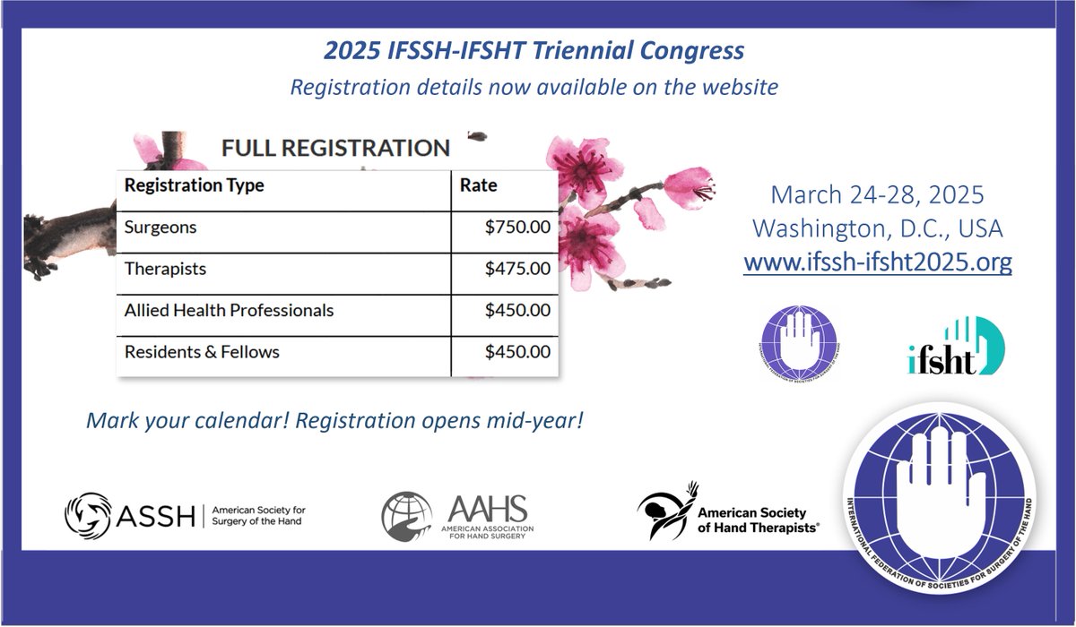 Attention all attendees! The registration details for the 2025 IFSSH-IFSHT Congress are now on the website. Plan ahead - registration commences mid-year. ifssh-ifsht2025.org #HandSurgery #IFSSH2025 #IFSHT2025 @handsociety @handsurgeryassn @handtherapyasht @ifshandtherapy