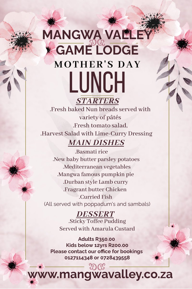 Mangwa Valley Game (@gmmangwa) on Twitter photo Mother’s Day is around the corner!!!!!!
Spoil Mom this Mother's Day with a delicious 3 Course Buffet Lunch plus a welcome drink @ R350.00 pp and R200.00 kids below 12yrs.
mangwavalley.co.za/offers/mothers…
0127114348 / 0728439558
info@mangwavalley.co.za
whatsapp wa.me/message/IBK3TU… Mother’s Day is around the corner!!!!!!
Spoil Mom this Mother's Day with a delicious 3 Course Buffet Lunch plus a welcome drink @ R350.00 pp and R200.00 kids below 12yrs.
mangwavalley.co.za/offers/mothers…
0127114348 / 0728439558
info@mangwavalley.co.za
whatsapp wa.me/message/IBK3TU…