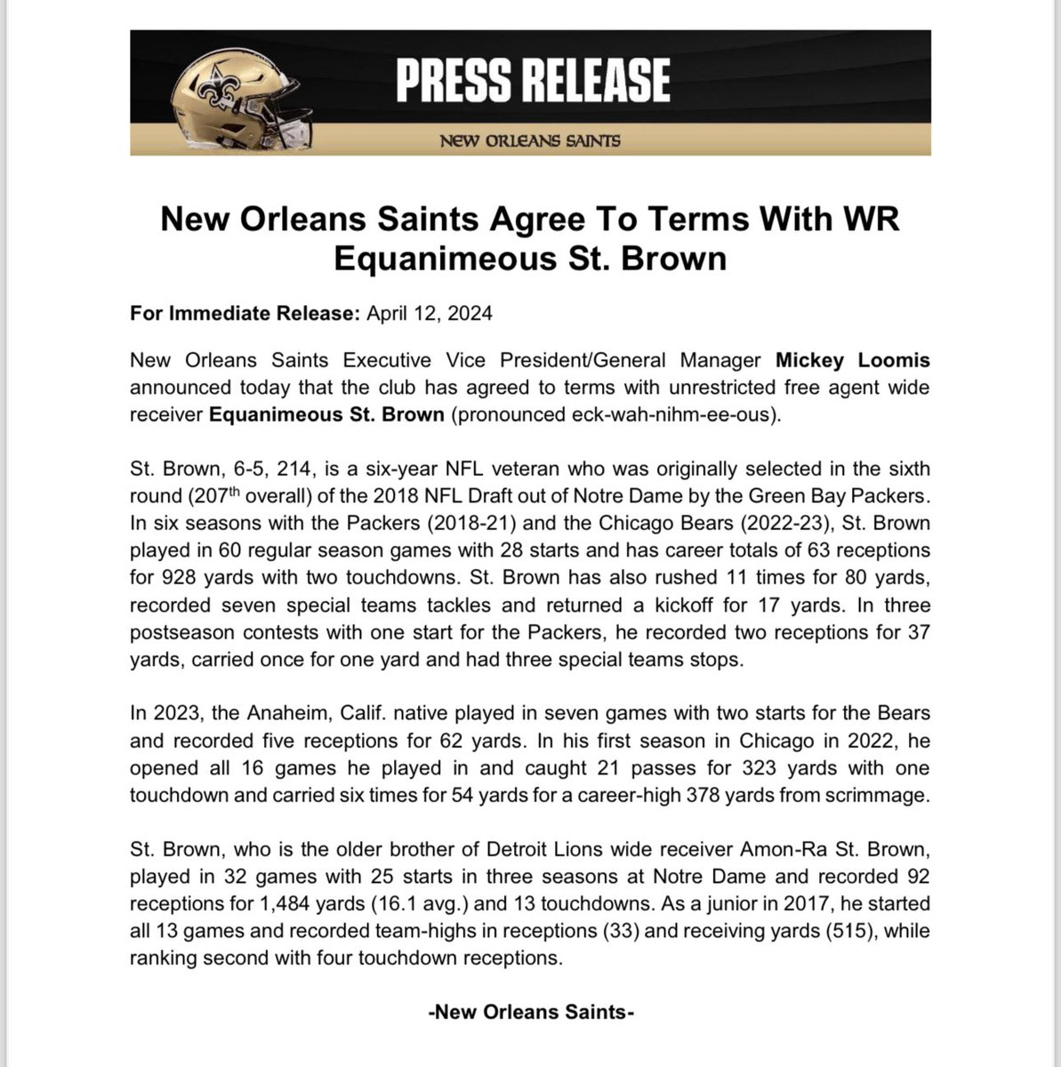 #Saints sign WR Equanimeous St. Brown