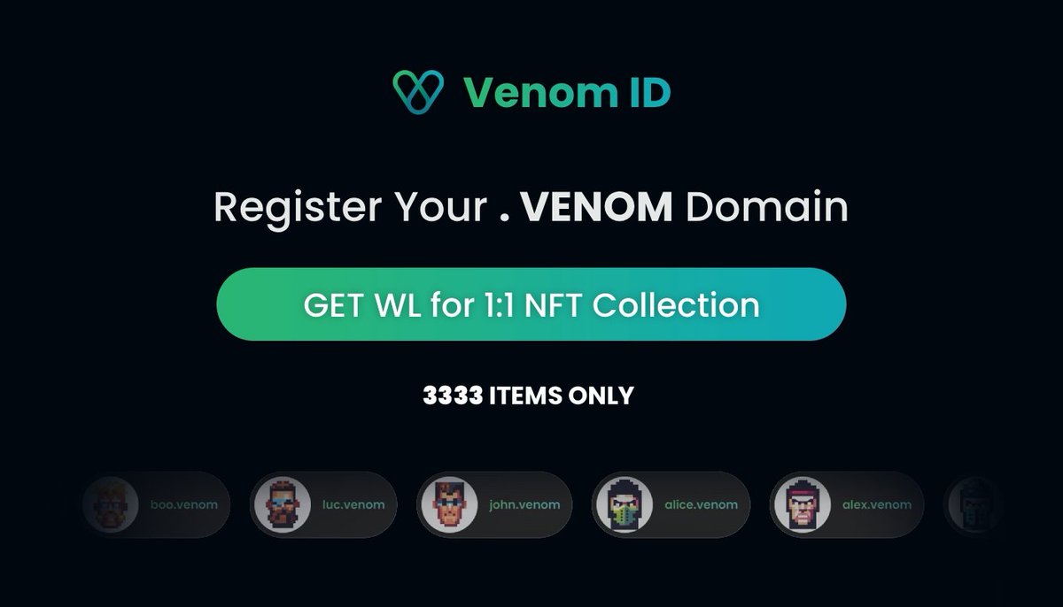 Have you grabbed your .venom domain yet? 🔒 

Venom ID <a href="/venomid_network/">Venom ID</a> is the exclusive Domain Naming Service on Venom Blockchain. 

The first 3,000 owners will be whitelisted for an exclusive 1:1 NFT Collection!🎁

Register your domain and join the club! 

Like, RT and Drop