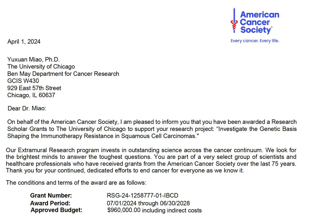 Incredibly honored to be a recipient of the Research Scholar Grant from @AmericanCancer . Really appreciate the support and belief from @ACS_Research . This is a good year for Miao lab! With one R01, one R35, and the RSG award, the lab is in great momentum!