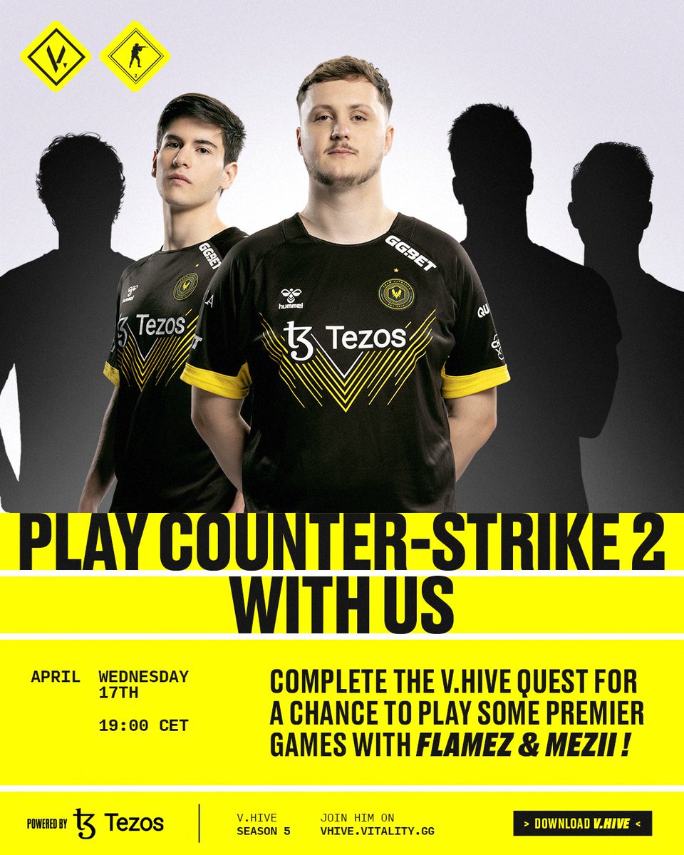 JOIN @flameZcsgo & @kingmezii FOR A GAME OF CS2🐝 The game will take place on 17 Apr at 19:00 and to enter all you have to do is 1. Complete the quest on our V.Hive app (available on Apple and Android stores) 2. Join Discord.gg/TeamVitality and submit the form in the dedicated…