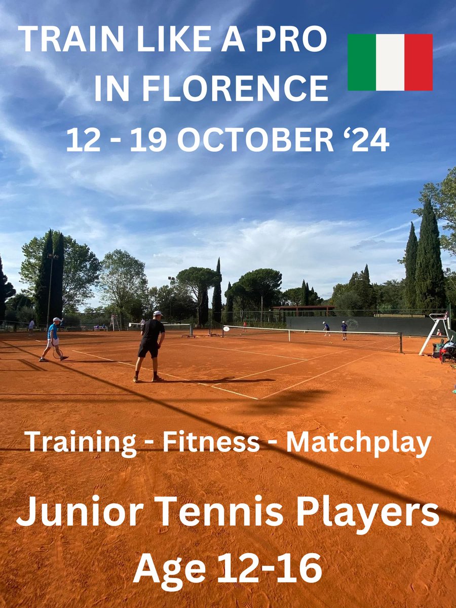 'Train Like A Pro' week at our Florence venue 12-19 Oct '24? Ages 12-16 who like to play competitively from club to county level. We have hosted these trips for more than 20 years & they have proven to be extremely motivational & a great life experience. tuscantennis.com/junior-train-l…
