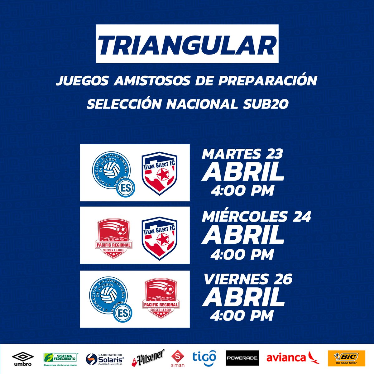 🇸🇻| 𝐒𝐞𝐥𝐞𝐜𝐜𝐢𝐨́𝐧 𝐍𝐚𝐜𝐢𝐨𝐧𝐚𝐥 𝐒𝐮𝐛𝟐𝟎 La Sub20 jugará dos partidos amistosos contra equipos de Los Ángeles y Houston. 🏟️ Complejo Deportivo #FESFUT 📅 Martes 23, miércoles 24 y viernes 26 de abril 2024 #CaminoOlímpico #ElSalvador