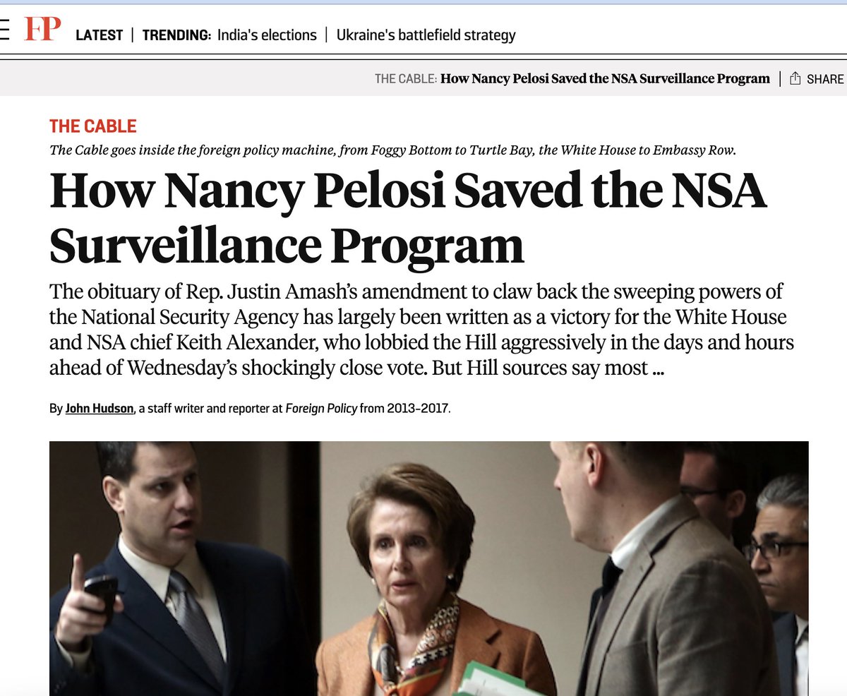 It has been the leaders of the Democratic Party -- Obama, Pelosi, now Biden -- who have long been the primary defenders of the NSA and FBI's warrantless spying power.