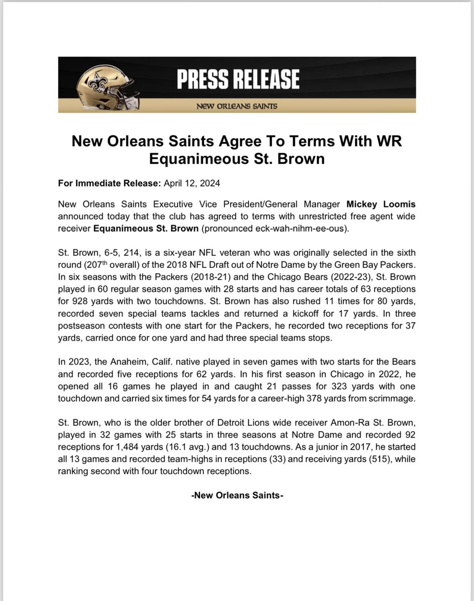 Busy morning for the #Saints who announce the signing of WR Equanimeous St. Brown. A big target added to the wide receiver room.