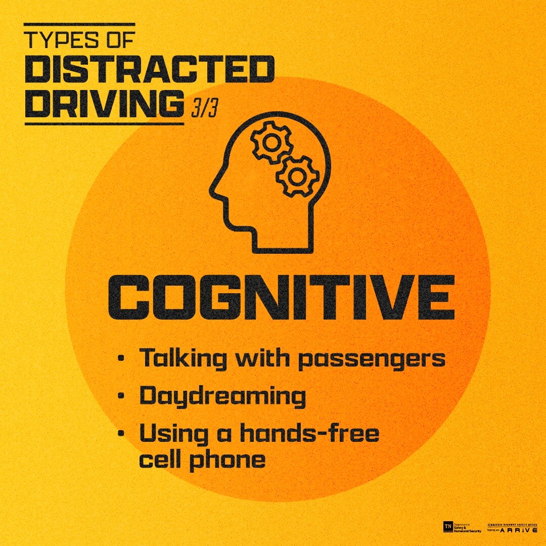 #NationalDistractedDrivingAwarenessMonth Did you know that using a phone while driving can visually, manually, AND cognitively distract you? It is considered the most dangerous type of distracted driving. #HandsFreeTN Read more: hubs.la/Q02sJ8ds0