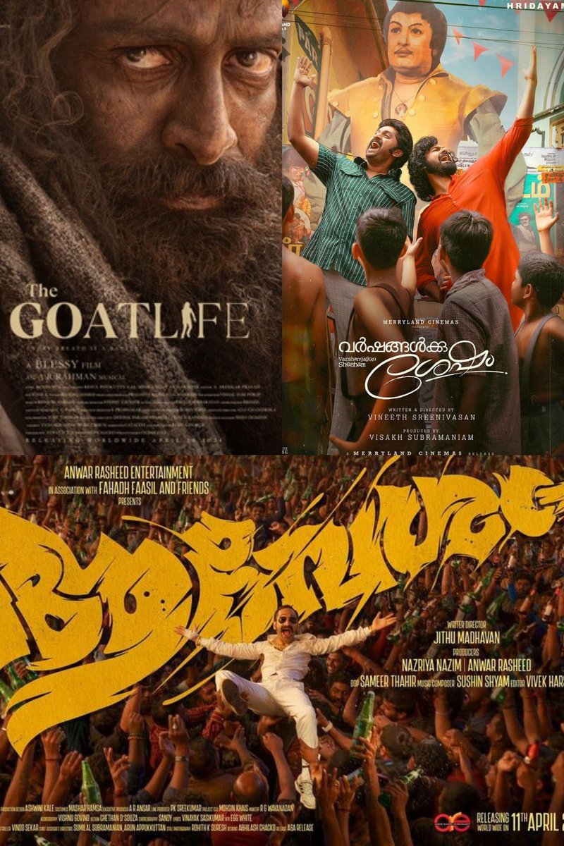 In the Vishu Box Office clash, #Aavesham is leading the pack on Day 2 in Kerala. #VarshangalkkuShesham is also giving tough competition, while #Aadujeevitham is making a remarkable impact on Day 16.

Kerala Box Office 💥💥💥

#FahadFaasil | #NivinPauly | #PranavMohanlal |…