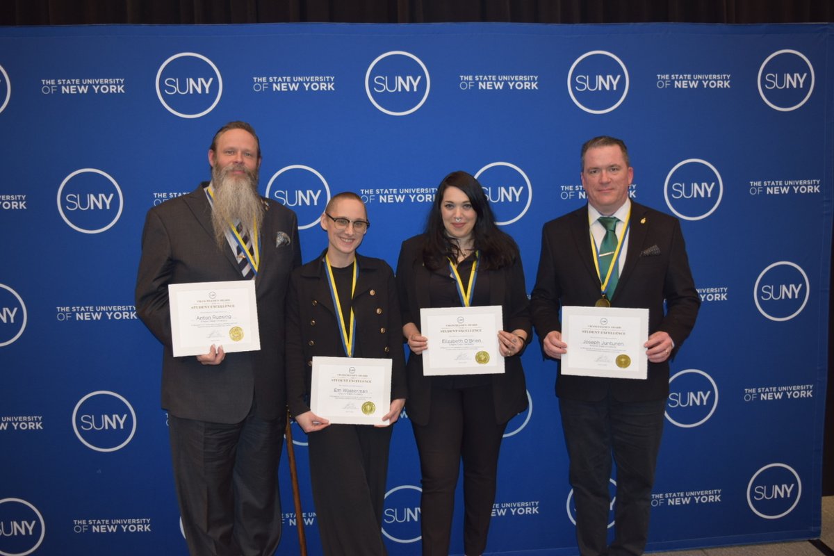 Congratulations to our @SUNY Chancellor's Award winners, who received their awards at a ceremony held yesterday. Pictured from left to right: Anton Reusing, Em Wasserman, Elizabeth O’Brien, and Joseph Juntunen.