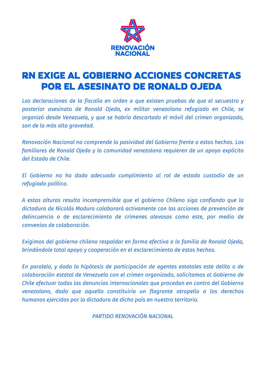 🔴 Declaración Pública de RN ante los últimos antecedentes del asesinato al ex militar venezolano Ronald Ojeda.