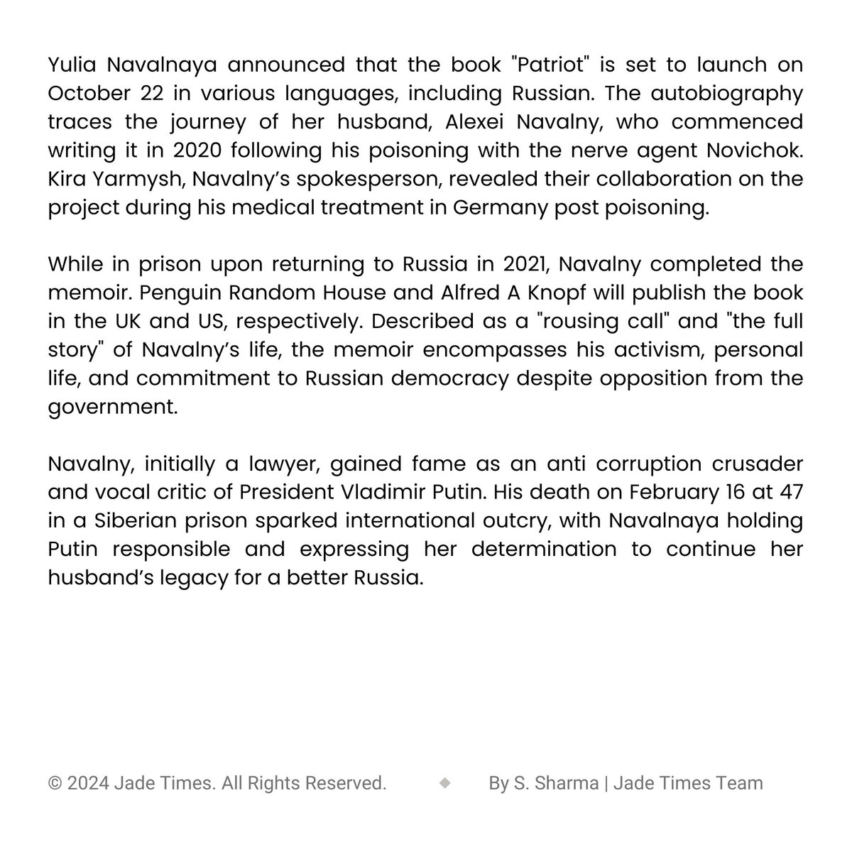 Alexey Navalny's Memoir to Be Published in Multiple Languages in October
 —— 
Yulia Navalnaya announced the upcoming release of 'Patriot' on October 22, detailing her husband Alexei Navalny's journey. 
—— 
Visit the link in our bio. 
#jadetimes #Alexeynavalny #politicalnews