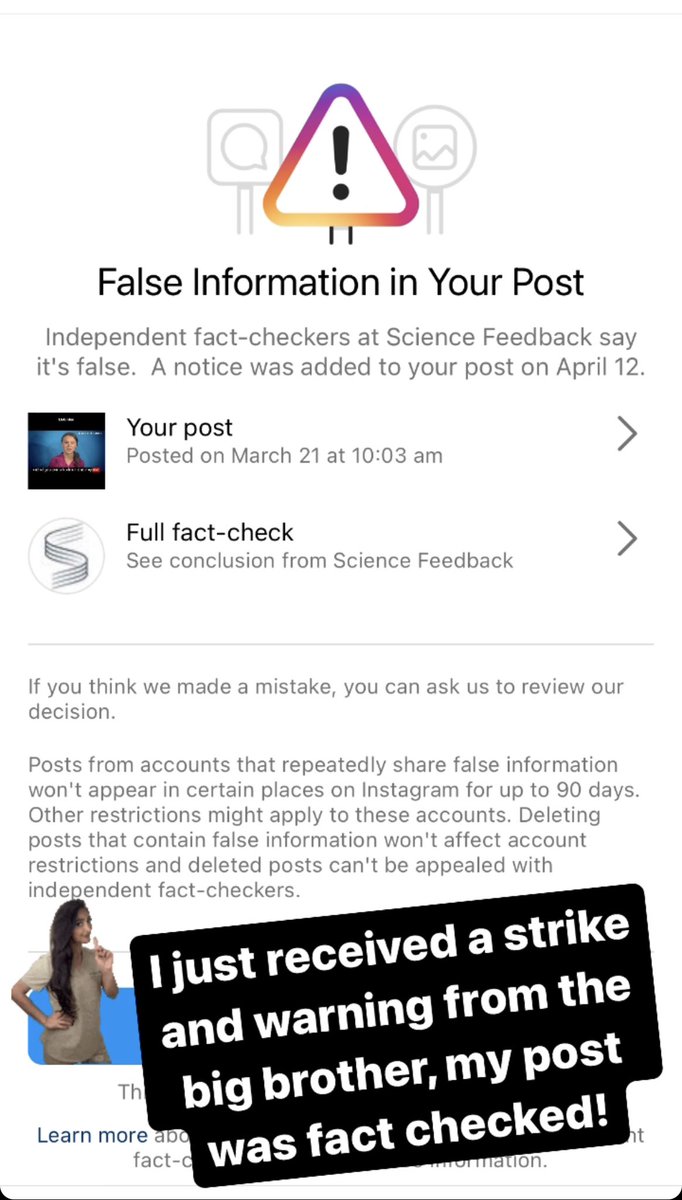 Instagram just censored & warned me, on “Climate: The Movie” trailer I shared. @ClimateTheMovie Their Fact Checkers judged the movie is “misinformation”. I’m not surprised, of course. #censorship @TomANelson instagram.com/stories/efenig…