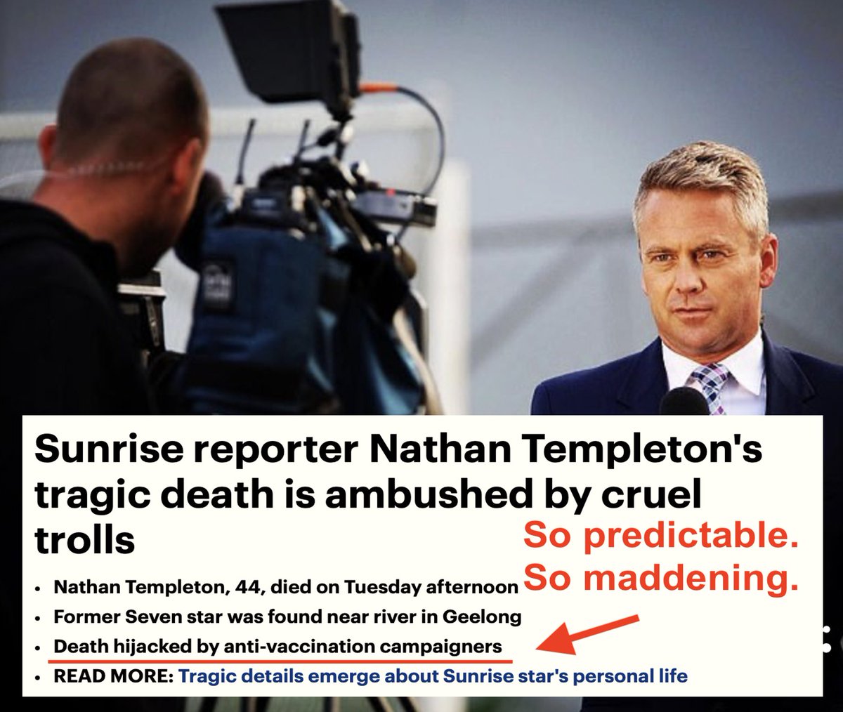 'Anti-vaxx trolls have hijacked the tragic death of Channel Seven news reporter Nathan Templeton to promote their warped agenda.' Yep. The 'Died Suddenly' trolls are cruel, exploitive, & deeply wrong. PS, Even the Daily Mail thinks you are pathetic, FFS! cc @DrJenGunter…