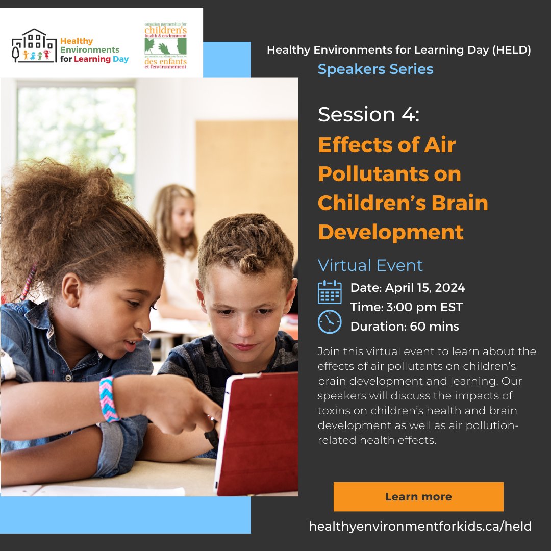 As a @CPCHE_info partner, we're pleased to share the final Healthy Environments for Learning Day speakers series info! 'Effects of Air Pollution on Children's Brain Development' on April 15, 3pm EST on Zoom. Register: loom.ly/vKC_-pw #HealthyEnvironments #AirPollution