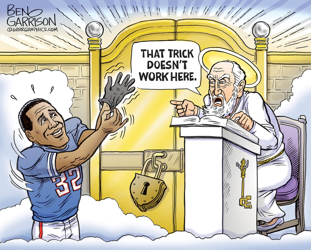 OJ Simpson can't trick St. Peter.... Ben Garrison cartoon Few people have experienced such a fall from grace as OJ Simpson. Simpson was an all-American running back for the USC Trojans and won the Heisman trophy. OJ had a career in TV and movies after his football career ended.…