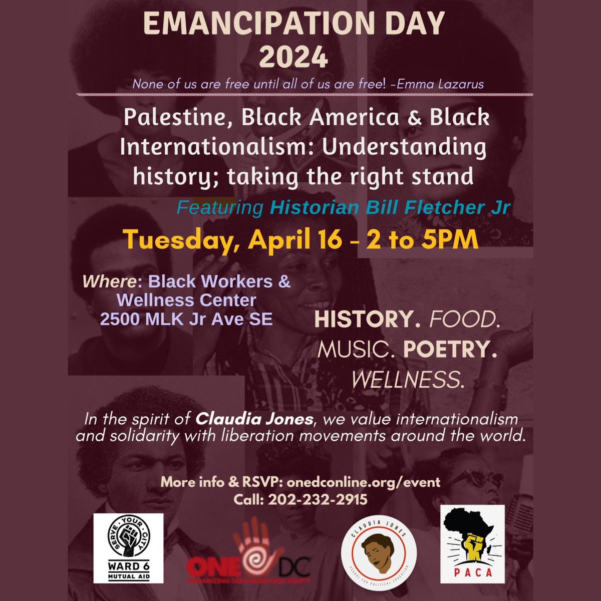 🗓️ Save the date! Join @_ONEDC to celebrate #WashingtonDC's Emancipation Day on April 16 (2-5pm) in their liberated space. ➡️ Experience history, food, music, poetry, and wellness. 📲 Check out the attached flier for details! @ClaudiaJonesEdu @PACAdmv #DCEmancipationDay