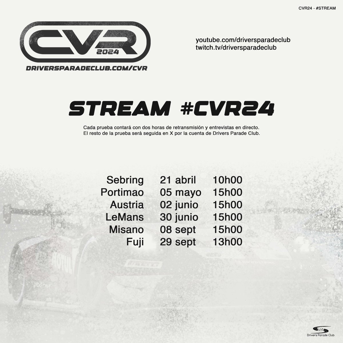 Tras una reunión con los equipos hemos hecho algunos ajustes en el #CVR24: 1⃣Aumento 5 días plazo de inscripción 2⃣Eliminación de PreQ 3⃣Eliminación categoría LMP2 4⃣Eliminación límite coches por categoría y equipo Aún estáis a tiempo: driversparadeclub.com/cvr/