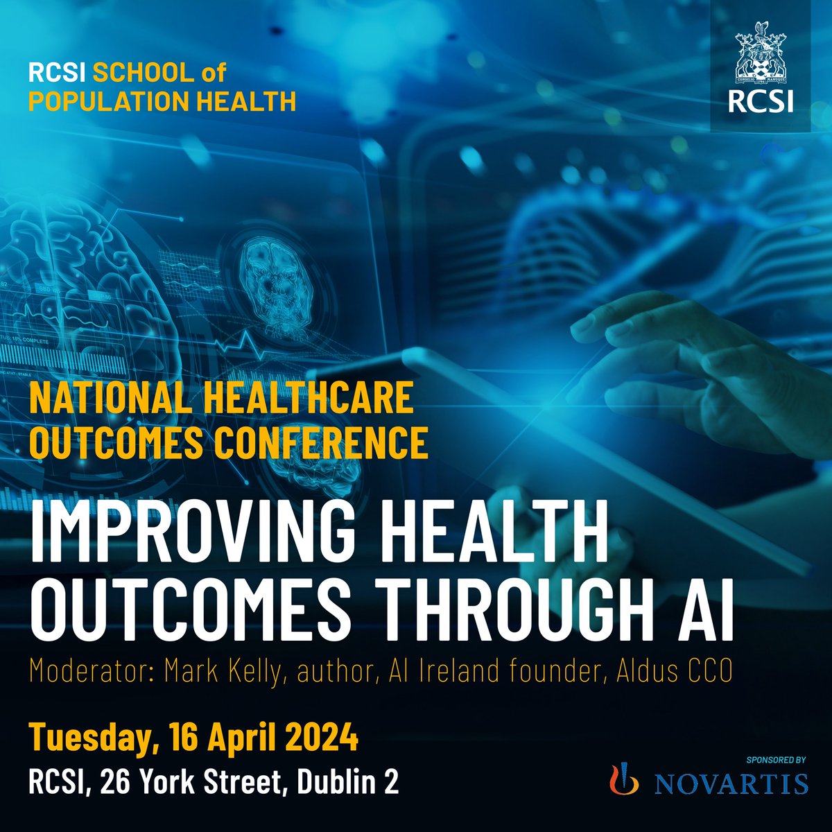 Our National Healthcare Outcomes Conference will see @DrPVarkey, @MayoClinic President and Mark Kelly, @AIAwardsIrl Founder discuss how AI innovations could transform healthcare. Join us next Tuesday, 16 April. Register at rcsi.com/nhoc Supported by @NovartisIreland