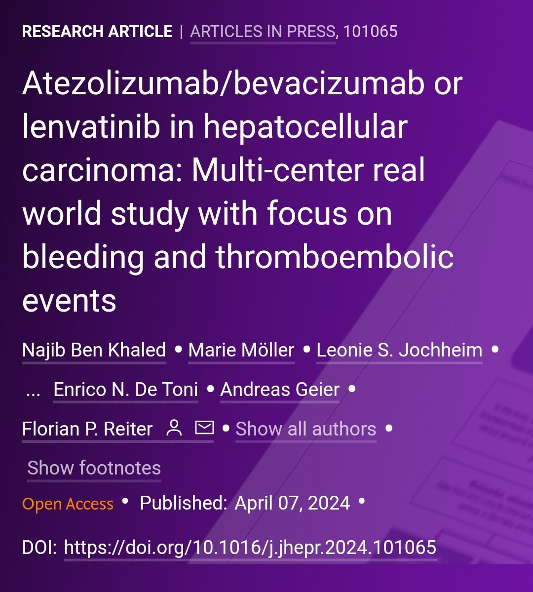 🟪New Article in press❕

Atezolizumab/bevacizumab or lenvatinib in hepatocellular carcinoma: Multi-center real world study with focus on bleeding and thromboembolic events

 🔓#OpenAccess at 👉jhep-reports.eu/article/S2589-…

#LiverTwitter
#HepatocellularCarcinoma
#HCC