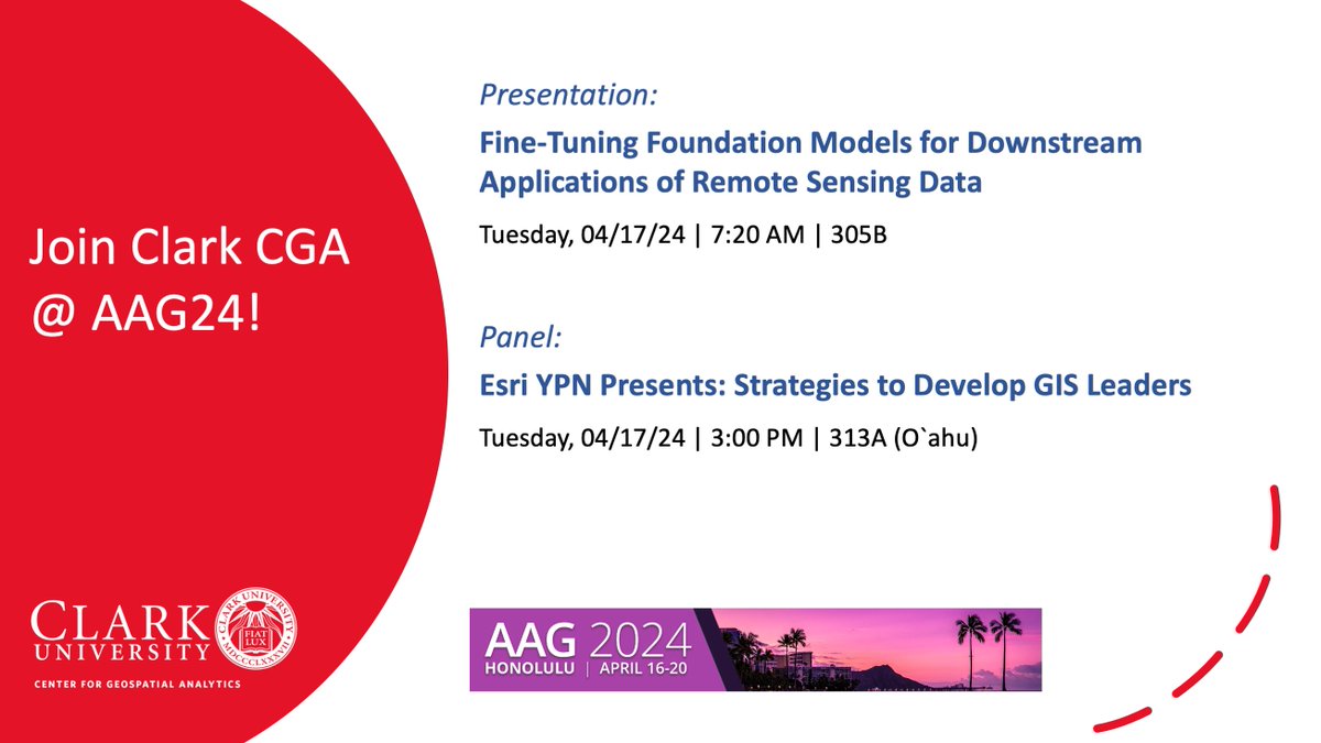 Clark Center for Geospatial Analytics (@clarkcga) on Twitter photo Our Director, <a href="/HamedAlemo/">Hamed Alemohammad</a> will be at the <a href="/theAAG/">American Association of Geographers</a> #AAG2024 Meeting this week giving a presentation on #Geospatial #FoundationModel and joining a panel with <a href="/Esri/">Esri</a> YPN. Our Director, <a href="/HamedAlemo/">Hamed Alemohammad</a> will be at the <a href="/theAAG/">American Association of Geographers</a> #AAG2024 Meeting this week giving a presentation on #Geospatial #FoundationModel and joining a panel with <a href="/Esri/">Esri</a> YPN.