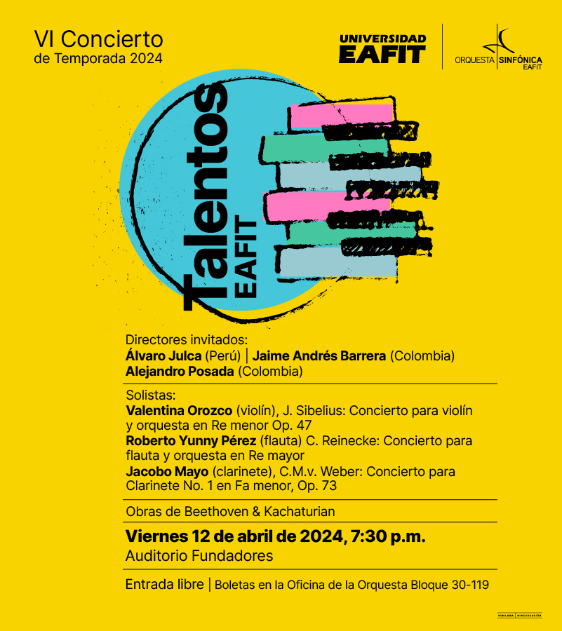 Hoy viernes 12 de abril, tenemos algo especial para ti. 📌Únete a nosotros en el Auditorio Fundadores de la Universidad EAFIT para disfrutar de Talentos EAFIT, un Concierto de Temporada que destaca el talento y la dedicación de los estudiantes del pregrado en Música de @EAFIT .