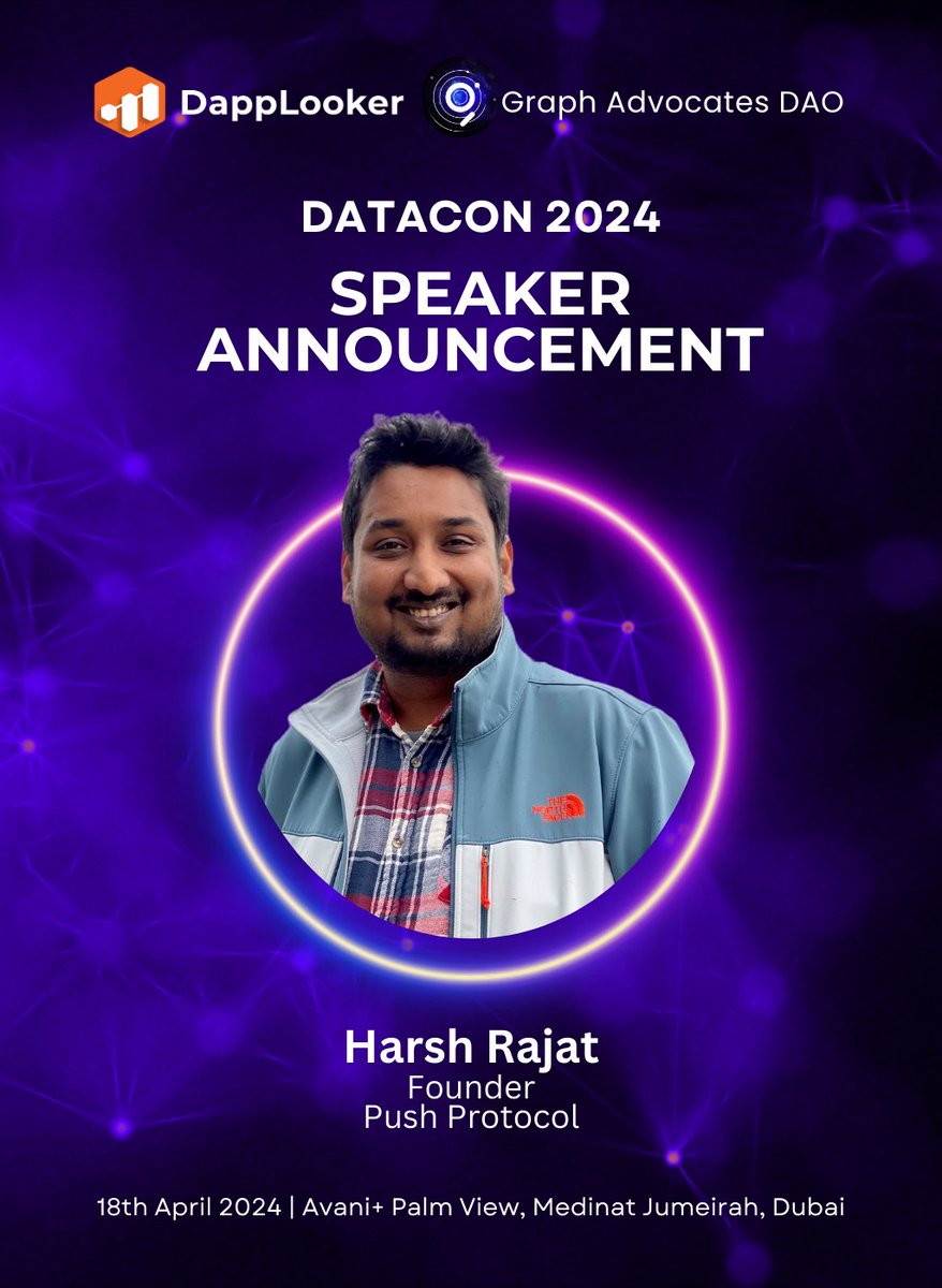 📢 #DataCon2024 Speaker Spotlight 🎉 We're thrilled to reveal our esteemed speaker for DataCon2024 at @Token2049 Dubai @harshrajat Harsh Rajat, Founder of @pushprotocol A pioneering communication network that enables cross-chain notifications and messaging for dapps, wallets,…