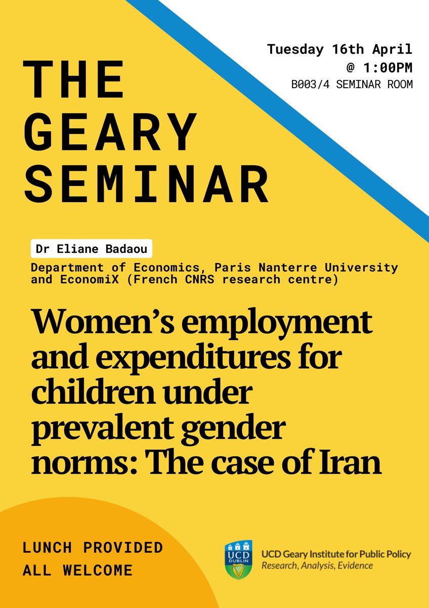 We are excited to have Dr Eliane Badaoui speaking at out Geary Seminar Series. It will take place 16th April, at 1pm and lunch will be provided for all attendees. We look forward to seeing you there! @UCD_Research #GearySeminarSeries