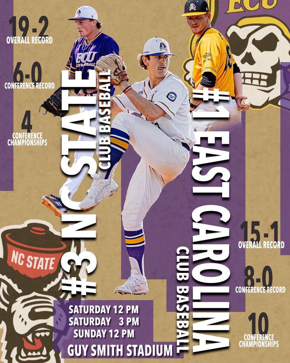 ECUClubBaseball's tweet image. Conference Series against No. 3 NC State takes place tomorrow in Greenville! See you there🏴‍☠️
@The_NCBA
