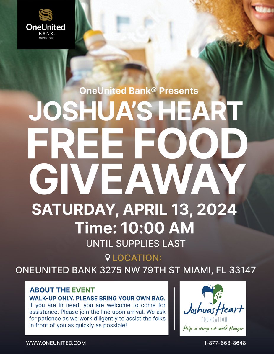 Tomorrow, April 13th, 2024 we're hosting the @joshuasheart Food Drive at our Miami branch! It begins at 10:00am until supplies last. Bring your family, bring your bags, and let's make a positive impact together! 🖤 See the flyer for more details. #MiamiFoodGiveaway