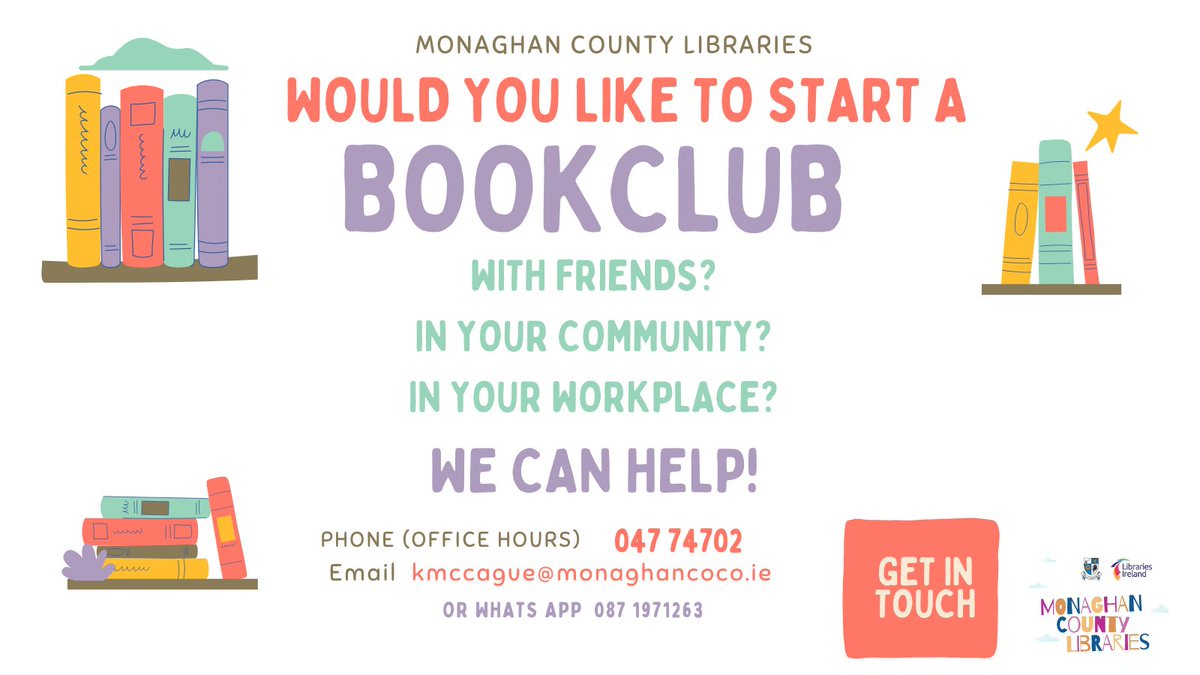 📚 Would you like to start a bookclub with your friends? Perhaps you know of a community space where a bookclub could meet? Or maybe your workplace would enjoy a good book chat every month? Get in touch and we'll help make it happen. #RightToRead #bookclub @MonaghanCoCo