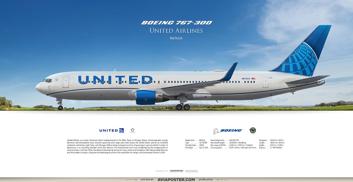 Boeing 767-300 United Airlines

Registration: N676UA
Type: 767-322ER
Engines: 2 × PW PW4056
Serial Number: 30028
First flight: Apr 11, 2001

Poster for Aviators.
aviaposter.com
#airliners #aircraft #giftforpilots #boeing #boeingpilot #boeing767 #b767