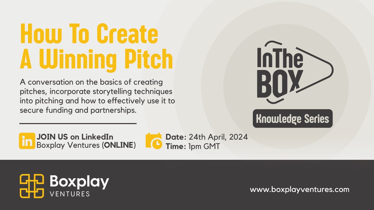 Join us as we kickoff episode 1 of our first ever online knowledge series “In The Box’’ with our expert panel to share insights on  'How To Create A Winning Pitch' on 24th April, 2024 via LinkedIn.

Click here to see more: linkedin.com/events/howtocr…

#inthebox
#virtualevents