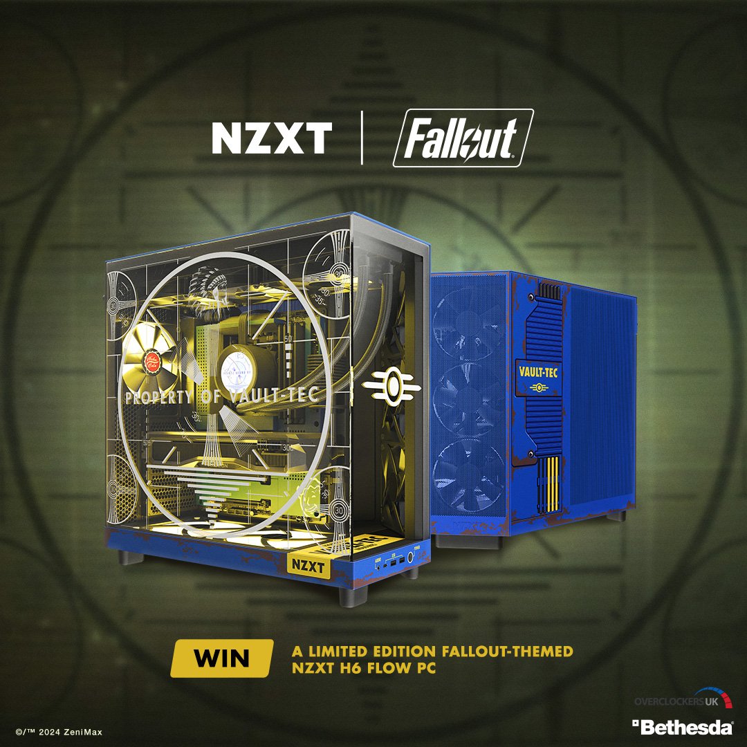 Image: https://pbs.twimg.com/media/GK-cFsKWAAA4d-4?format=jpg&name=medium Two views of a specially designed Fallout themed NZXT H6 Flow PC - the main colour is blue with glass decals The background of the image is the please stand by tester image made famous in the Fallout games