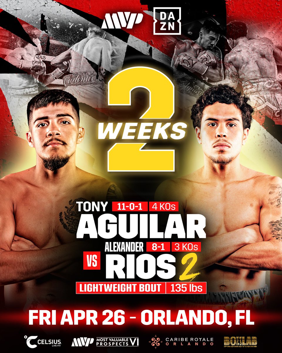 2 WEEKS until Most Valuable Prospects VI! Yoenis Tellez (7-0, 6KOs) and Joseph Jackson (19-0, 16KOs) will be fighting for the WBA Super Welterweight Continental Championship after Yoenis’ brutal KO at Most Valuable Prospects IV. Tony Aguilar (11-0-1, 4 KOs) and Alexander Rios…