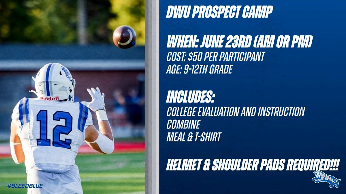 🚨DON'T WAIT, SIGN UP NOW🚨 We are hosting two Prospect Camps on June 23rd! This is a great opportunity to receive top tier instruction and evaluation from our amazing staff! For any questions: @CoachDevericks Sign up link below: store.dwu.edu/footballcamp #bleedblue #RollTige