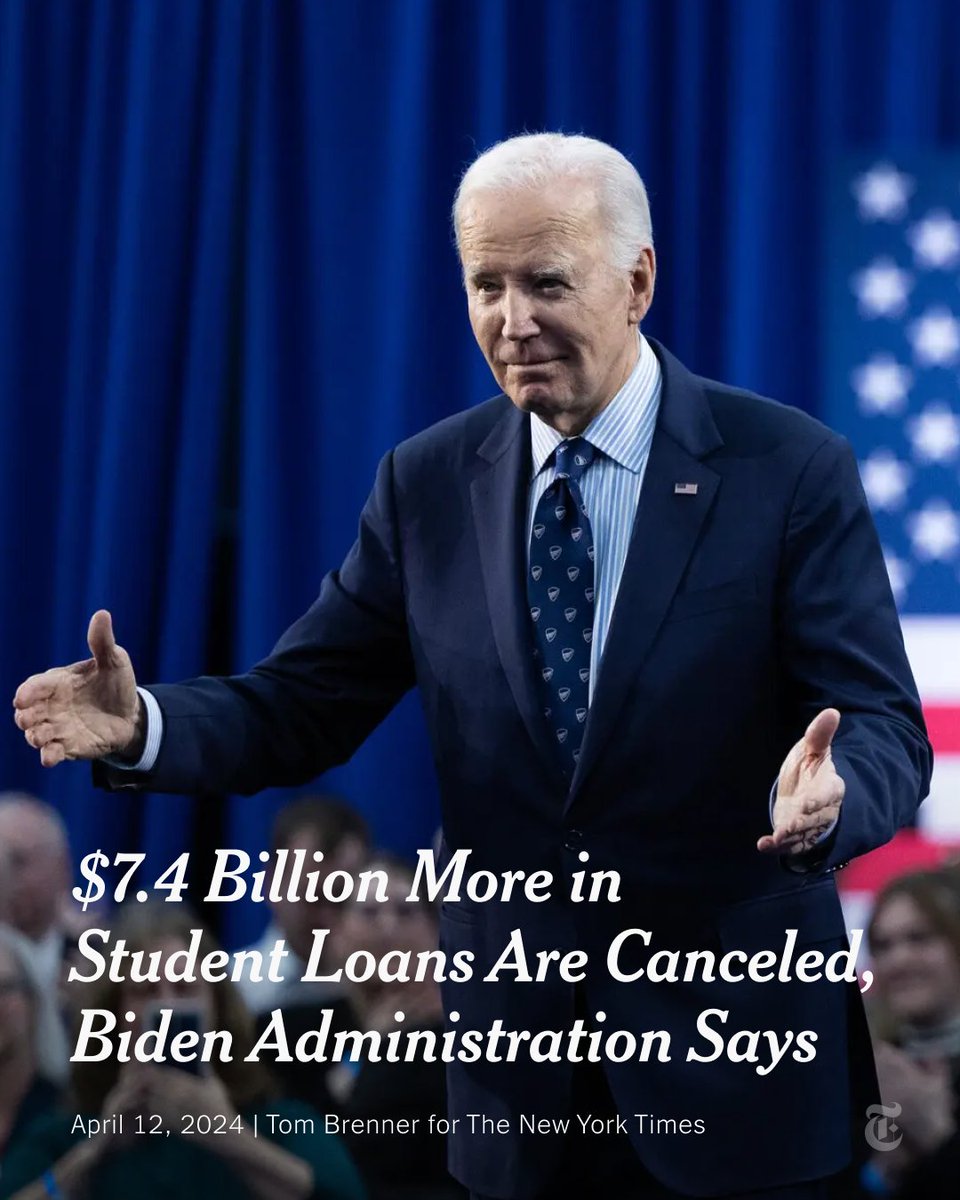Breaking News: The Biden administration announced $7.4 billion more in student loan cancellations, bringing its total of such debt relief to $153 billion. The administration said the 277,000 people it identified would be notified by email on Friday. nyti.ms/3xvJ8dP