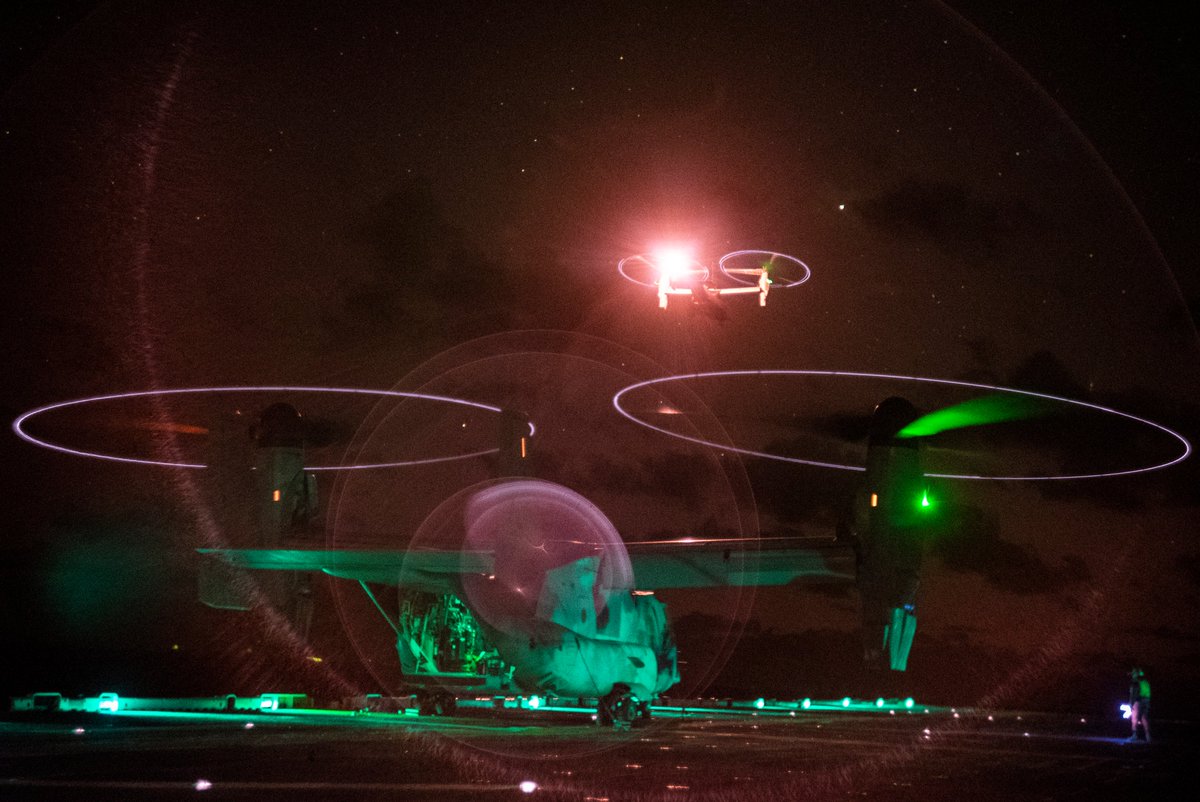 MV-22B Ospreys conduct night deck landing qualifications aboard the USS Boxer … dvidshub.net/r/bitxn3 #Marines #Navy