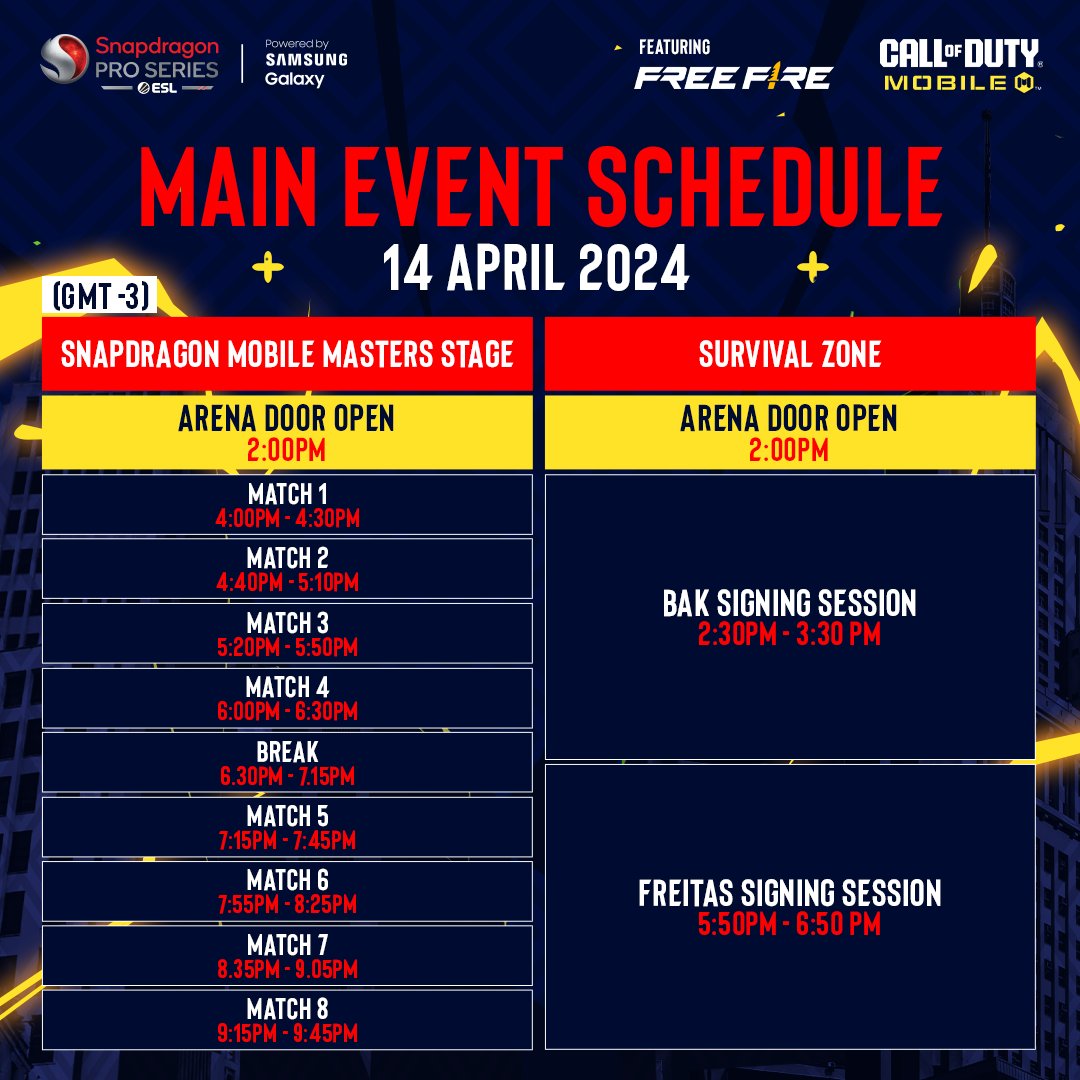 📅Here's the official event schedule for @Snapdragon Mobile Masters. From thrilling tournaments to exciting activities, we've got a packed lineup that's sure to keep you entertained. 🎮✨ 🎟️ Grab your tickets! esl.gg/mobilemasters-… #Snapdragon #SnapdragonMobileMasters