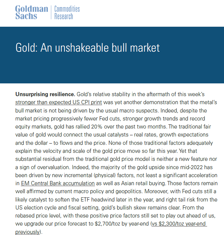 Goldman raises gold price target to $2700 from $2300